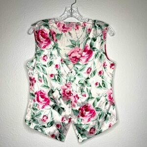 Honors Intimates‎ Vintage White Satin Button Up Rose Floral Vest Women’s Size L
